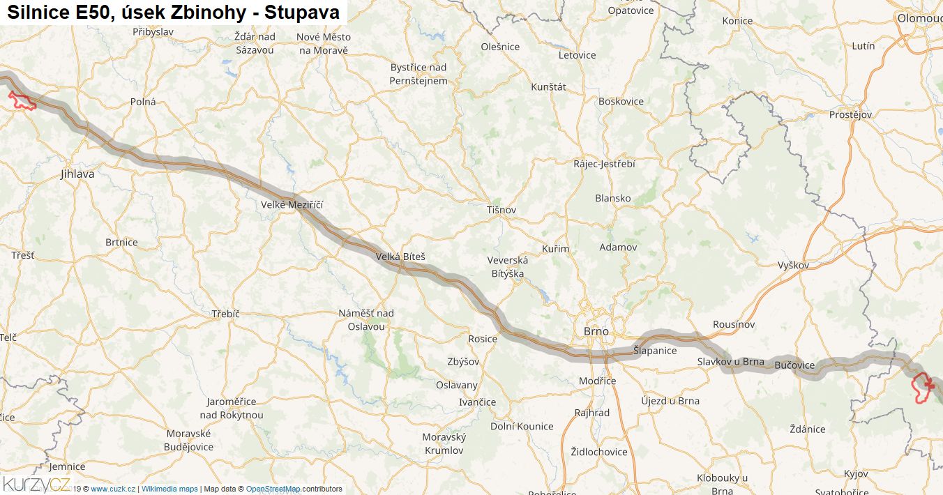 Úsek Zbinohy - Stupava, Silnice E50 - Mapa