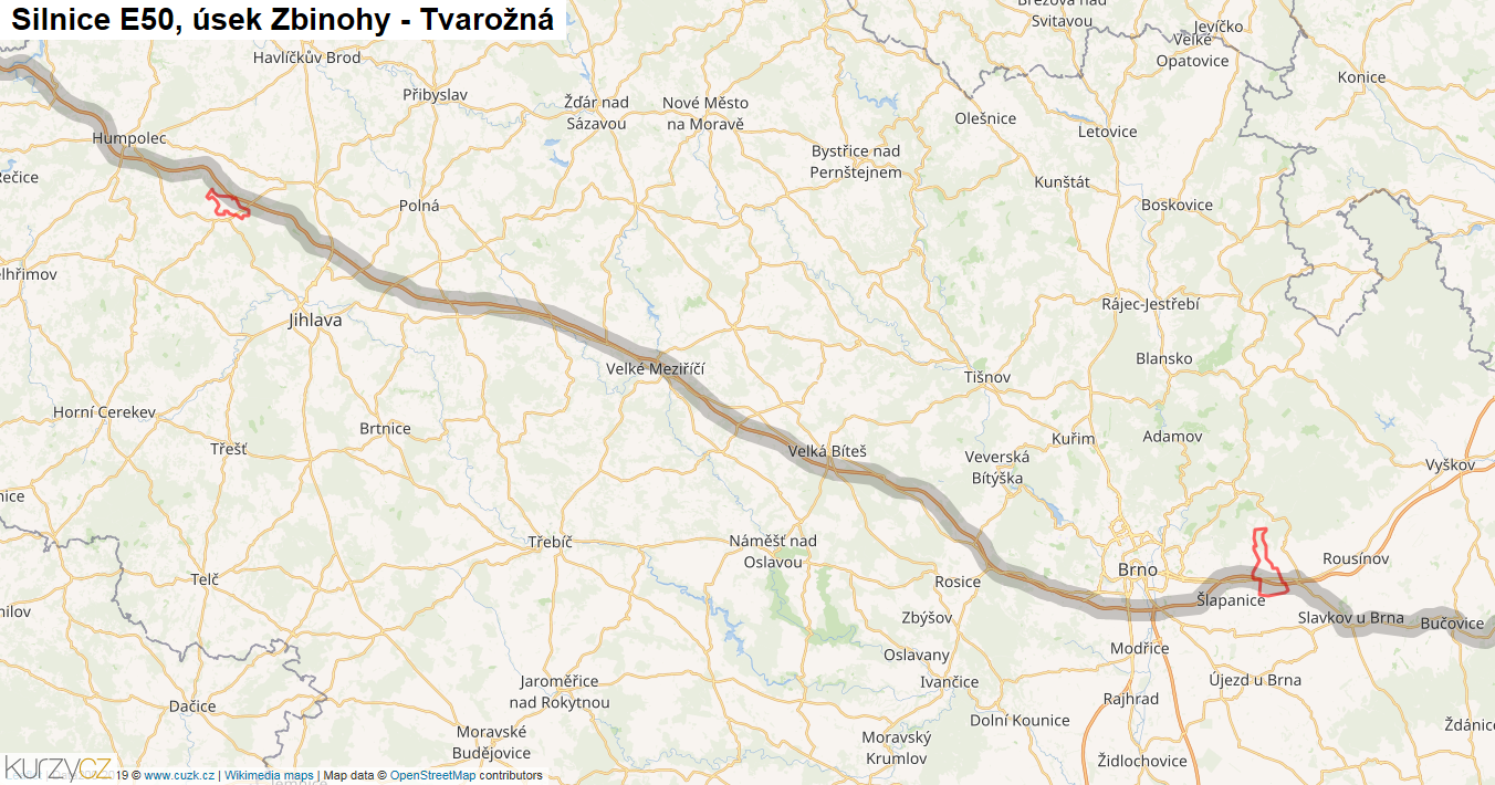 Úsek Zbinohy - Tvarožná, Silnice E50 - Mapa