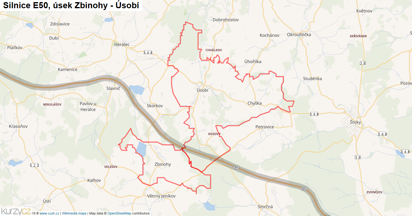 Úsek Zbinohy - Úsobí, Silnice E50 - Mapa