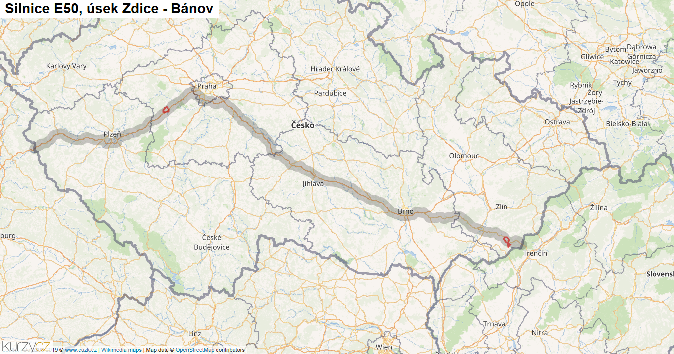 Úsek Zdice - Bánov, Silnice E50 - Mapa