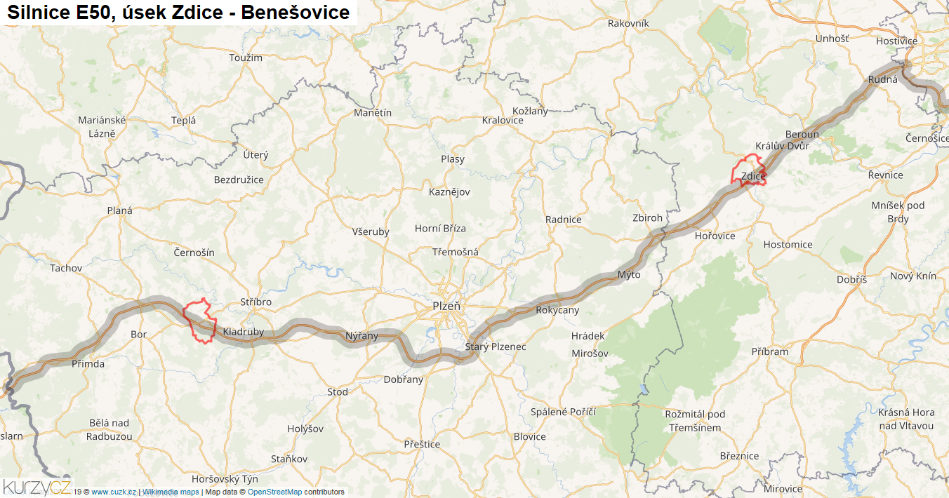 Úsek Zdice - Benešovice, Silnice E50 - Mapa