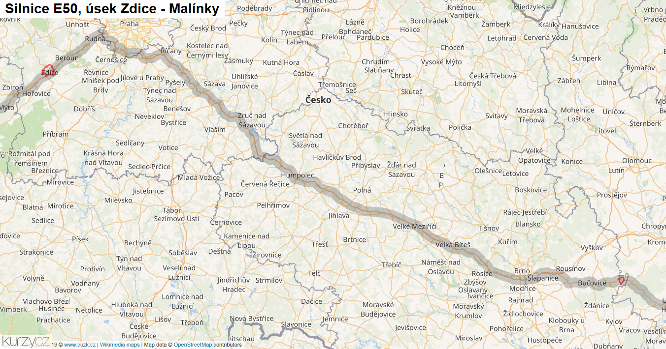 Úsek Zdice - Malínky, Silnice E50 - Mapa