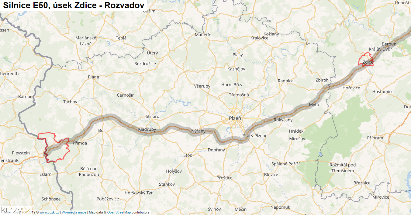 Úsek Zdice - Rozvadov, Silnice E50 - Mapa