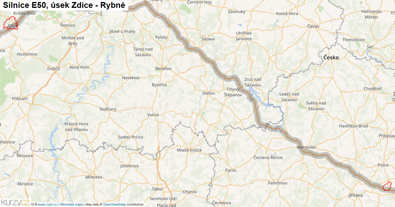 Úsek Zdice - Rybné, Silnice E50 - Mapa