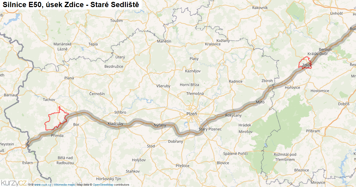 Úsek Zdice - Staré Sedliště, Silnice E50 - Mapa