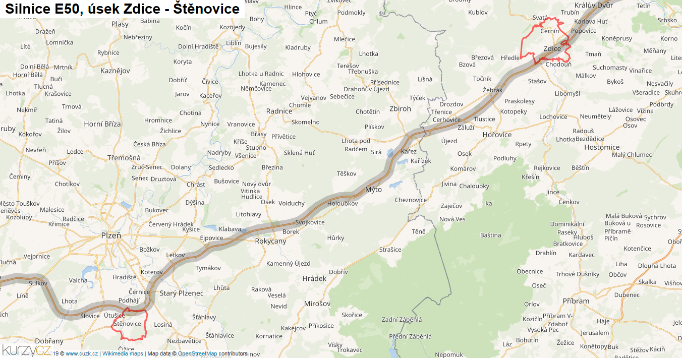 Úsek Zdice - Štěnovice, Silnice E50 - Mapa