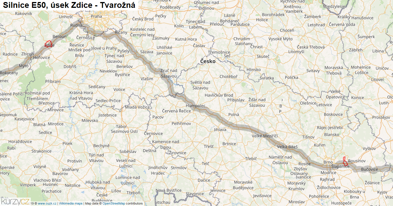 Úsek Zdice - Tvarožná, Silnice E50 - Mapa