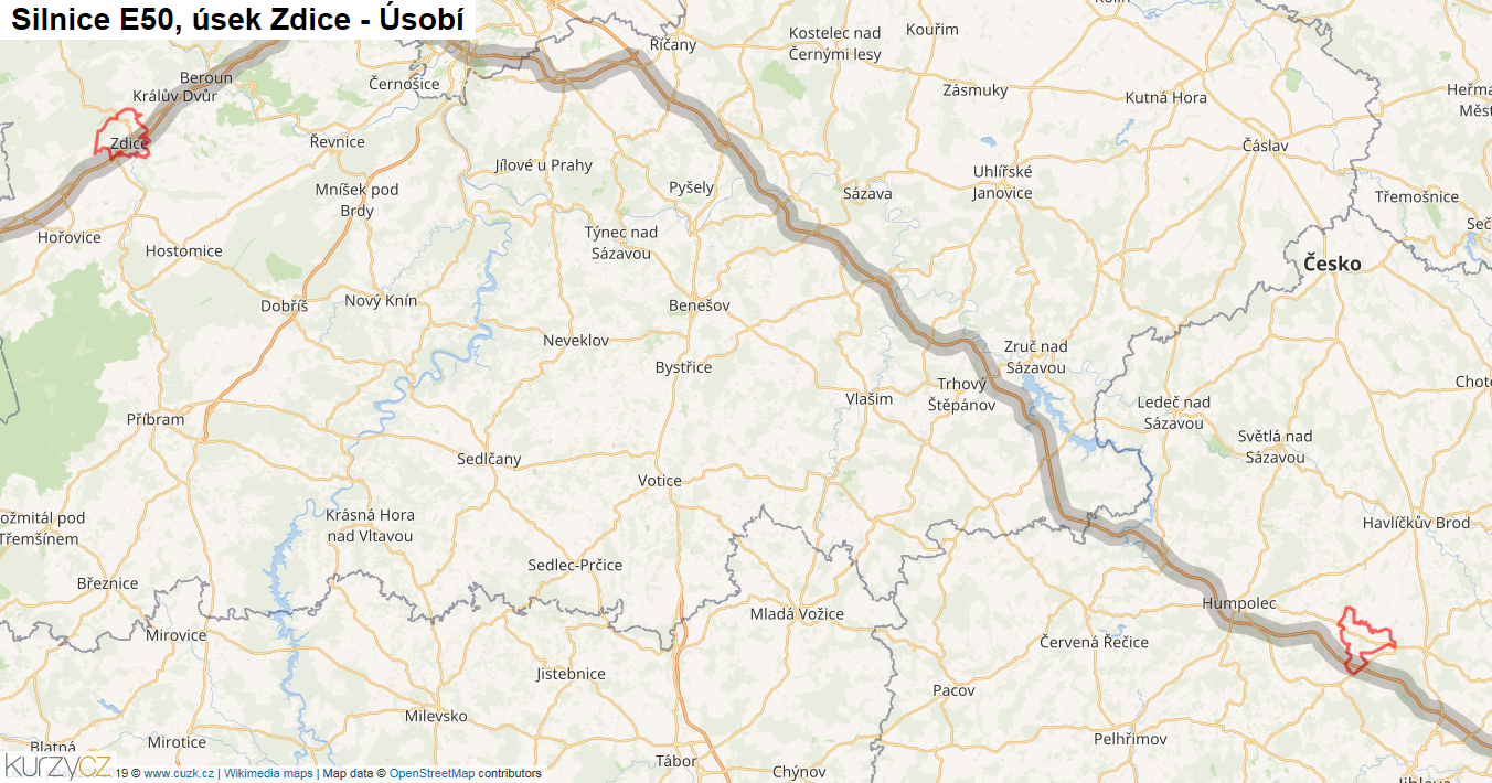 Úsek Zdice - Úsobí, Silnice E50 - Mapa
