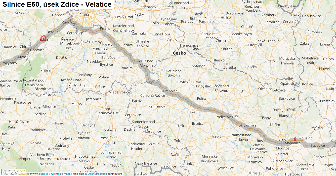 Úsek Zdice - Velatice, Silnice E50 - Mapa