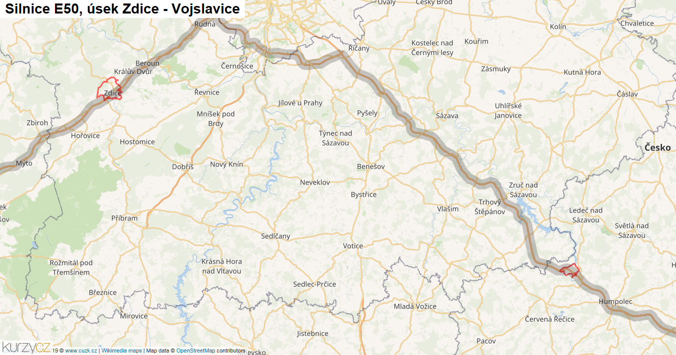 Úsek Zdice - Vojslavice, Silnice E50 - Mapa