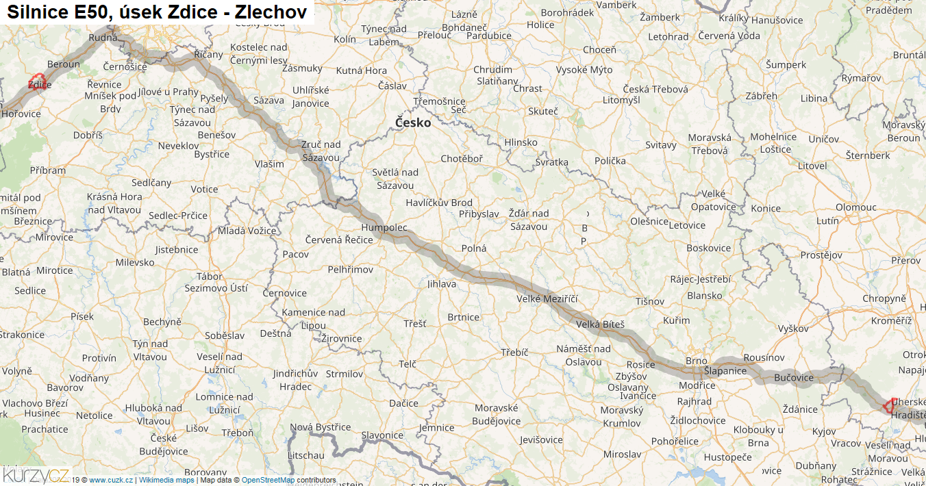 Úsek Zdice - Zlechov, Silnice E50 - Mapa