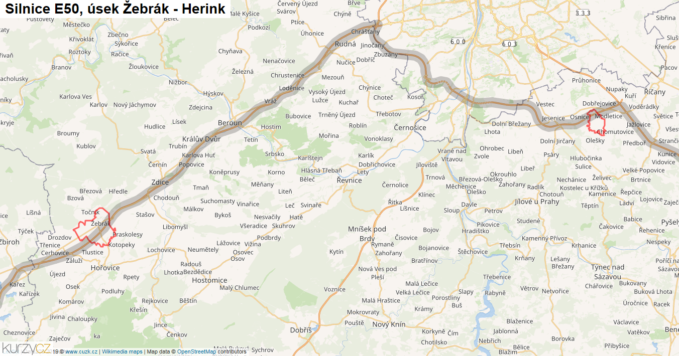 Úsek Žebrák - Herink, Silnice E50 - Mapa