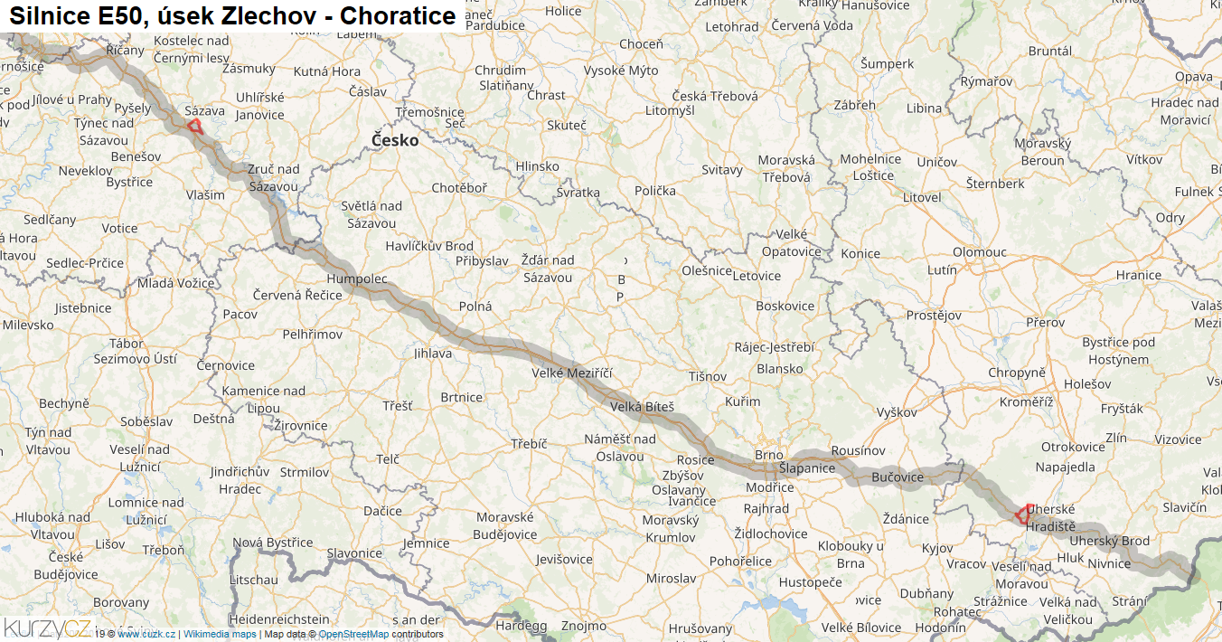 Úsek Zlechov - Choratice, Silnice E50 - Mapa