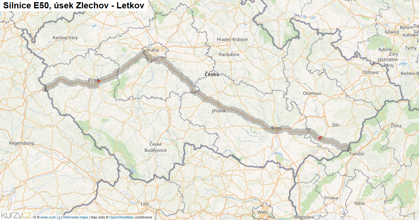 Úsek Zlechov - Letkov, Silnice E50 - Mapa