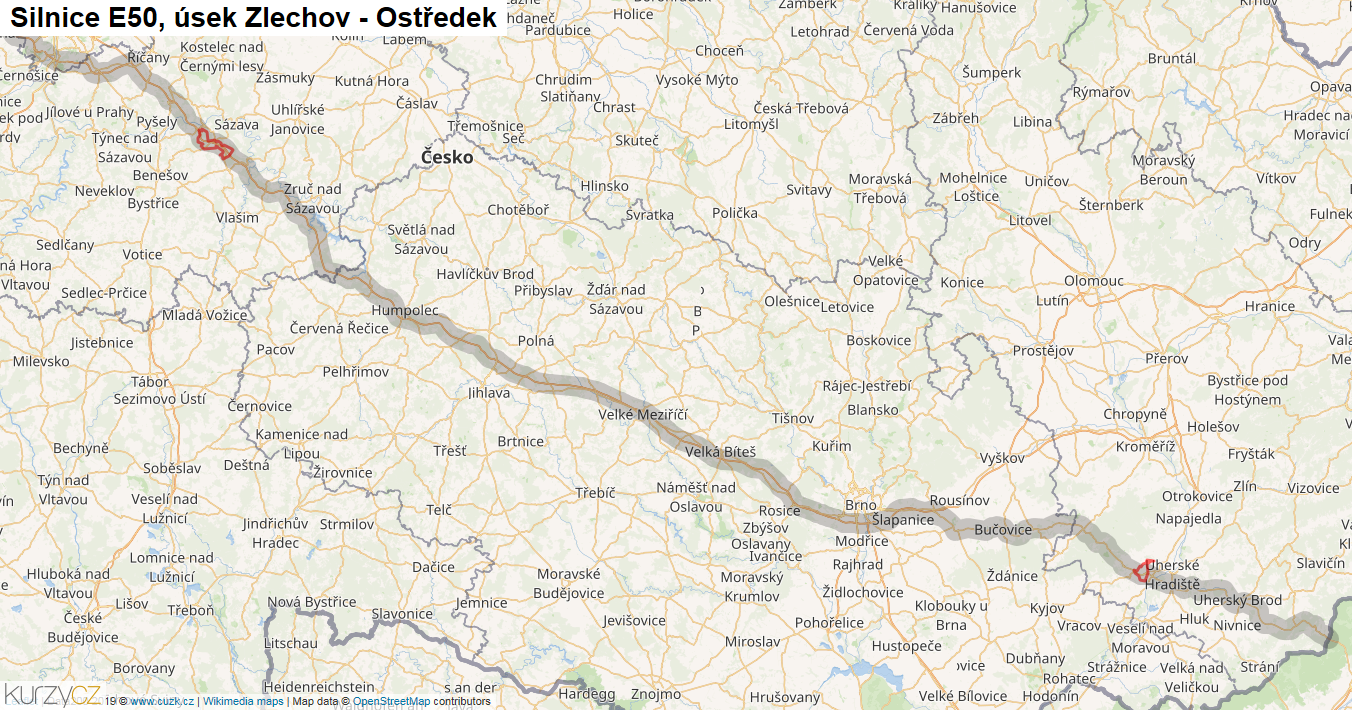 Úsek Zlechov - Ostředek, Silnice E50 - Mapa