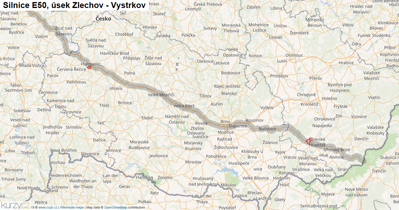 Úsek Zlechov - Vystrkov, Silnice E50 - Mapa