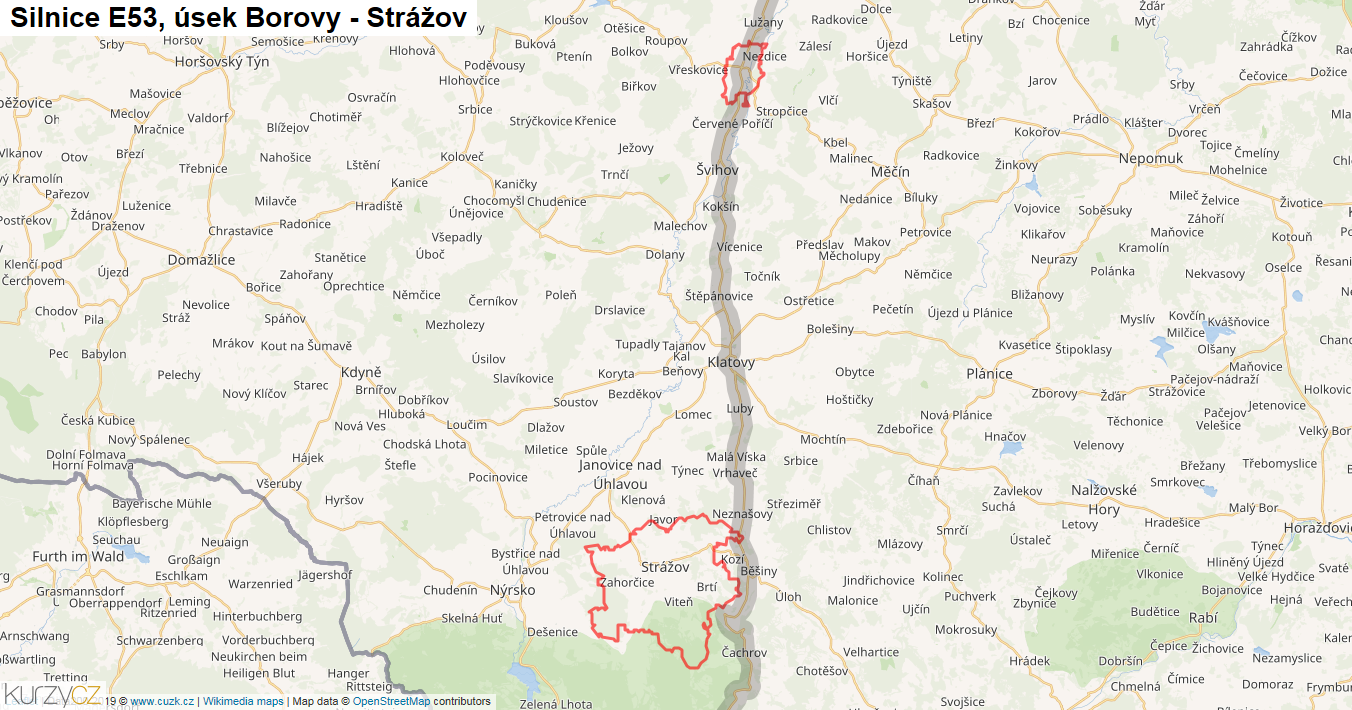 Úsek Borovy - Strážov, Silnice E53 - Mapa