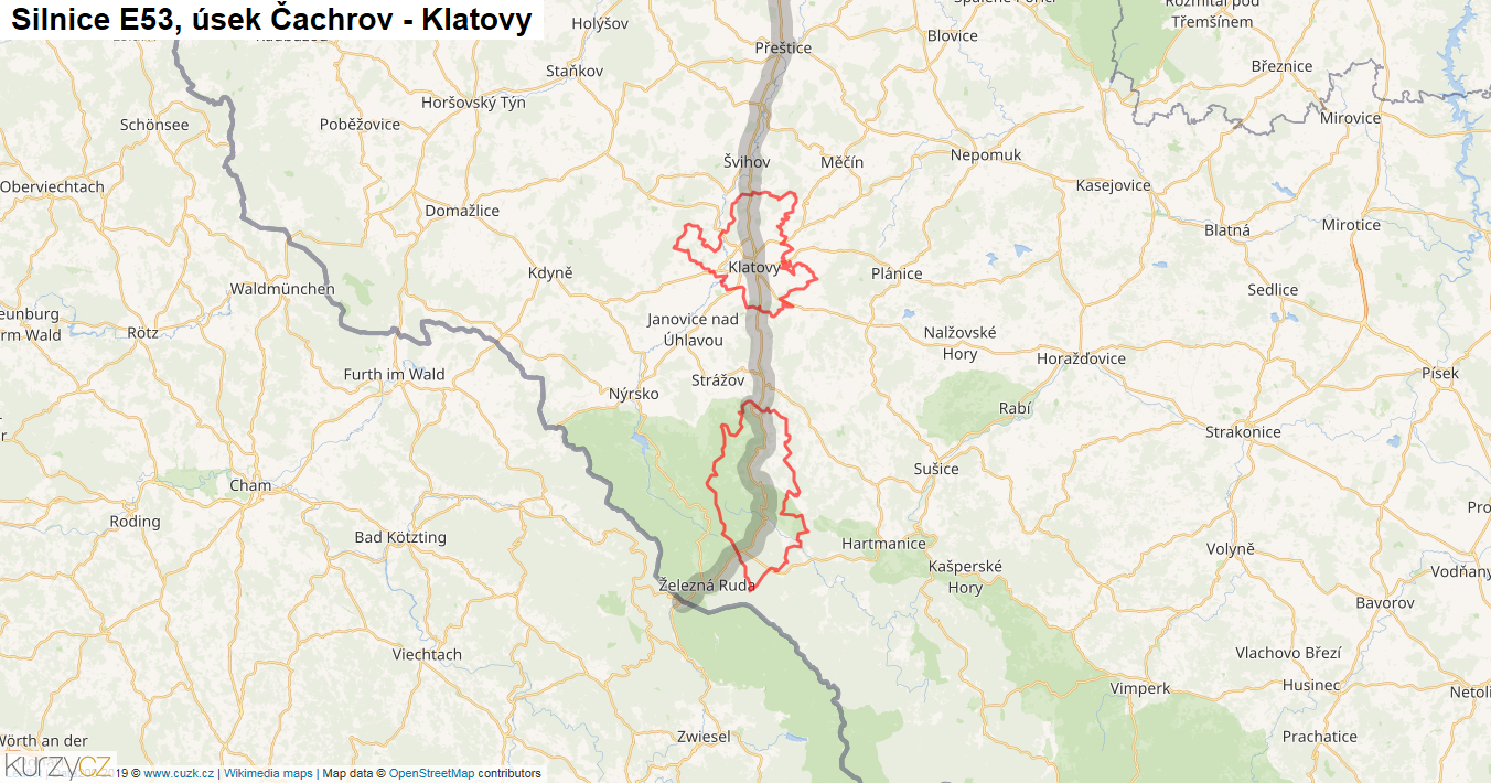 Úsek Čachrov - Klatovy, Silnice E53 - Mapa