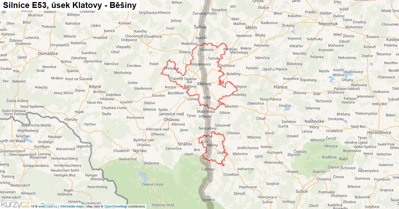 Úsek Klatovy - Běšiny, Silnice E53 - Mapa
