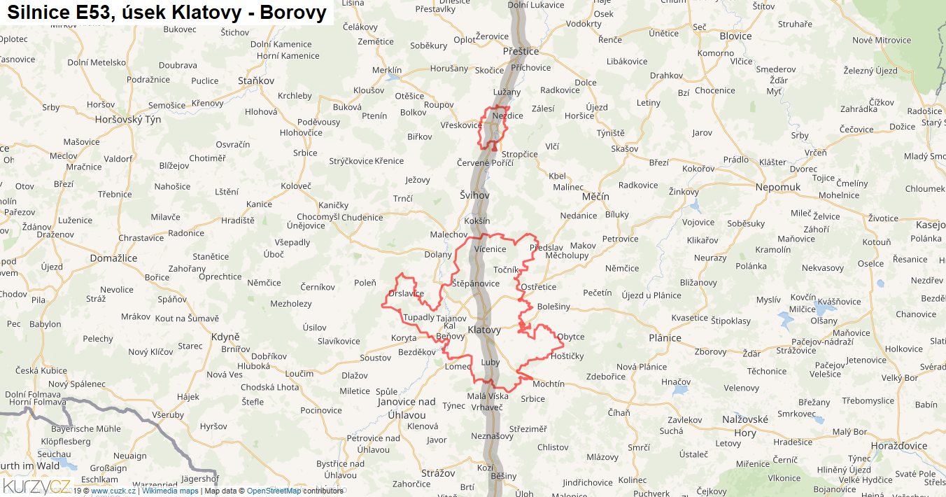Úsek Klatovy - Borovy, Silnice E53 - Mapa