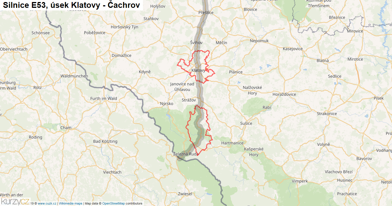 Úsek Klatovy - Čachrov, Silnice E53 - Mapa