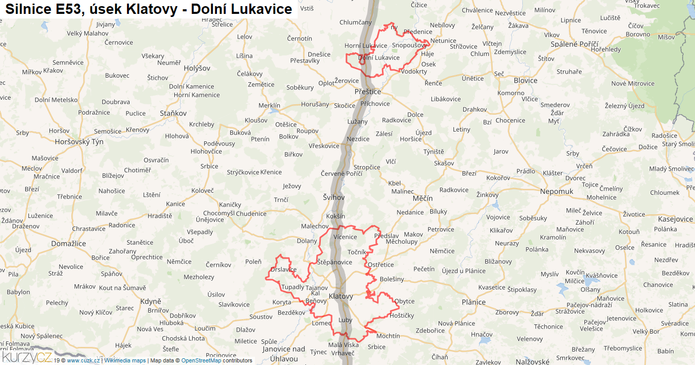 Úsek Klatovy - Dolní Lukavice, Silnice E53 - Mapa