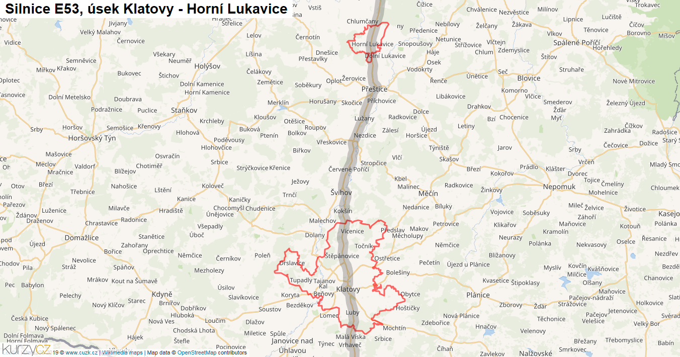 Úsek Klatovy - Horní Lukavice, Silnice E53 - Mapa
