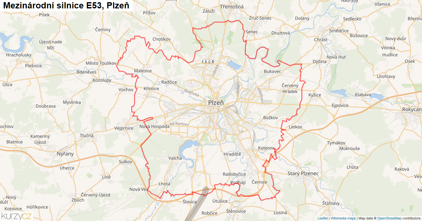 Plzeň, Silnice E53 - Mapa