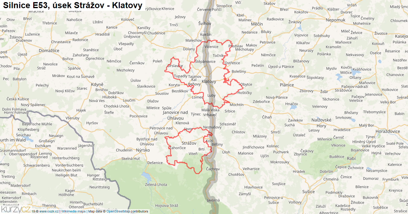 Úsek Strážov - Klatovy, Silnice E53 - Mapa