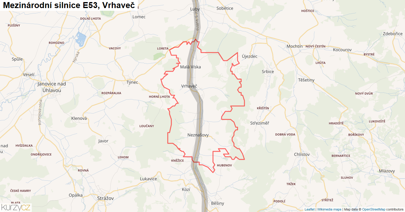 Vrhaveč, Silnice E53 - Mapa