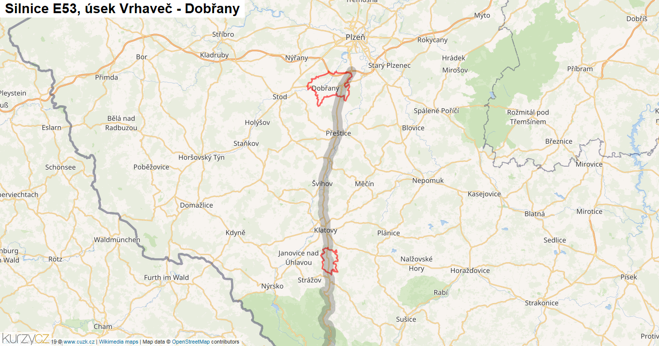 Úsek Vrhaveč - Dobřany, Silnice E53 - Mapa