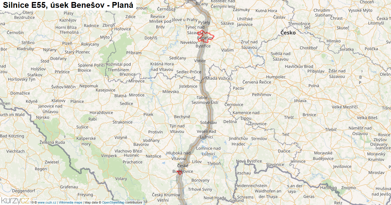 Úsek Benešov - Planá, Silnice E55 - Mapa