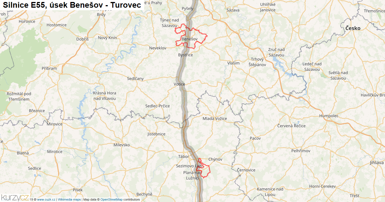 Úsek Benešov - Turovec, Silnice E55 - Mapa