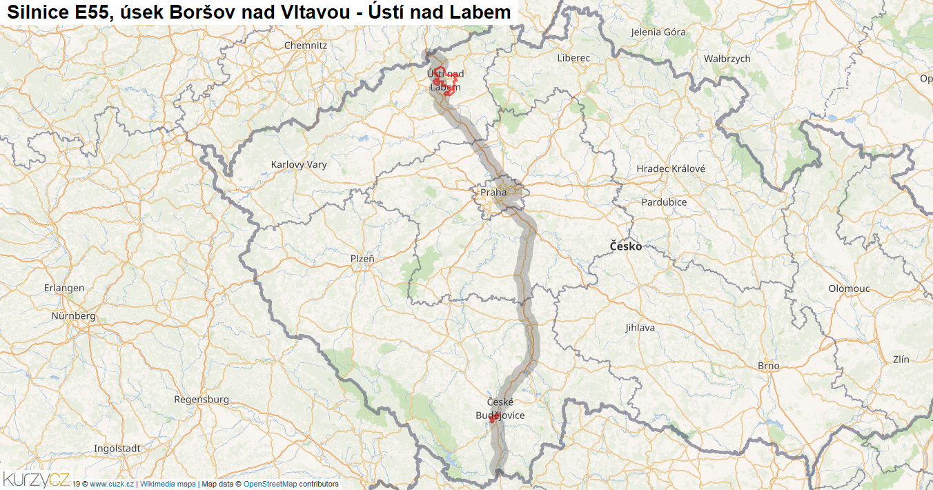 Úsek Boršov nad Vltavou - Ústí nad Labem, Silnice E55 - Mapa