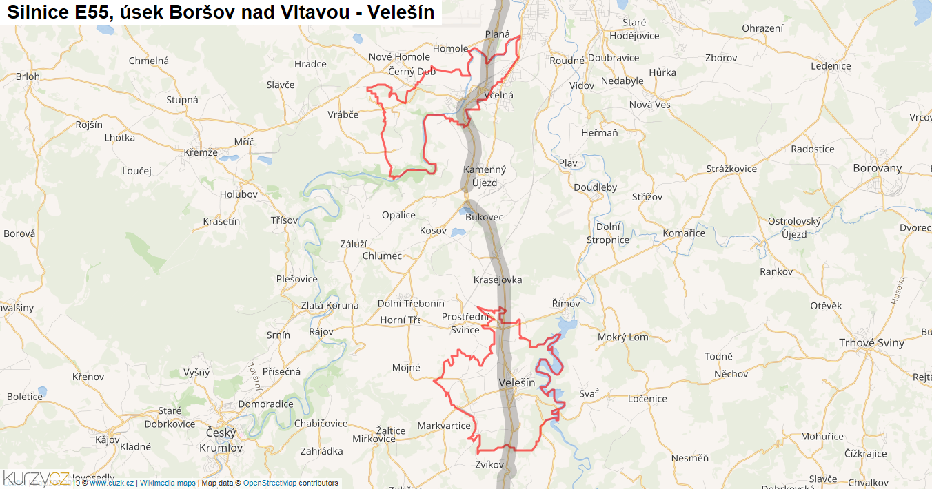Úsek Boršov nad Vltavou - Velešín, Silnice E55 - Mapa