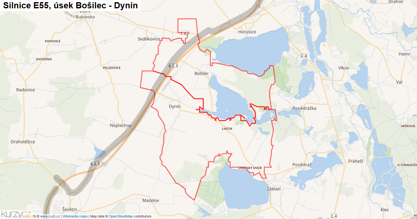 Úsek Bošilec - Dynín, Silnice E55 - Mapa