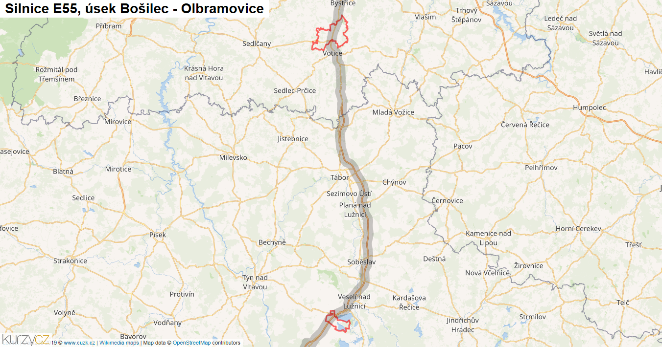 Úsek Bošilec - Olbramovice, Silnice E55 - Mapa