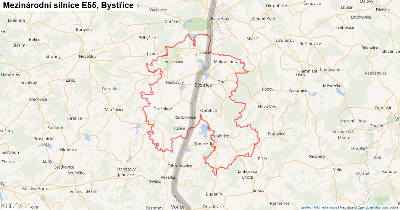 Bystřice, Silnice E55 - Mapa