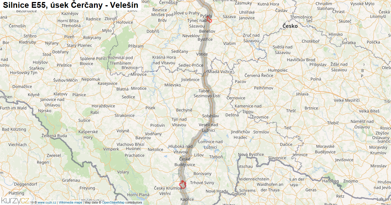 Úsek Čerčany - Velešín, Silnice E55 - Mapa