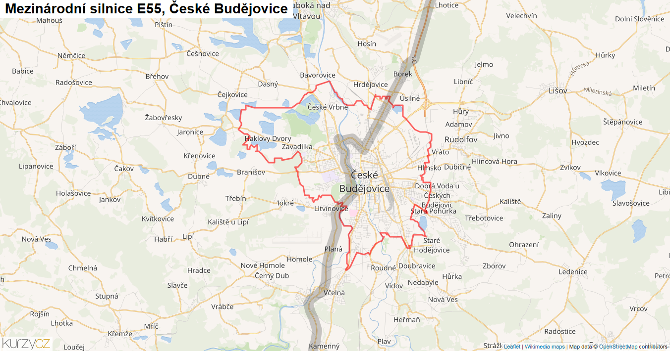České Budějovice, Silnice E55 - Mapa