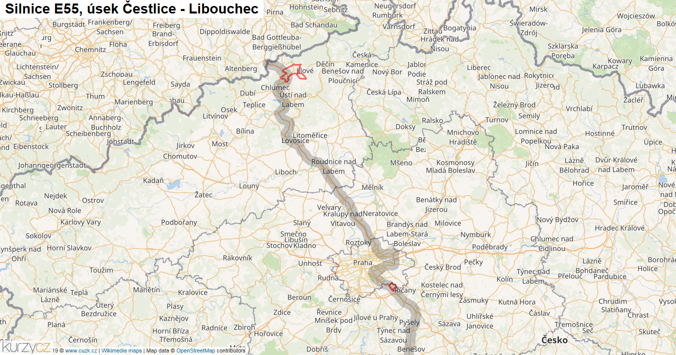 Úsek Čestlice - Libouchec, Silnice E55 - Mapa