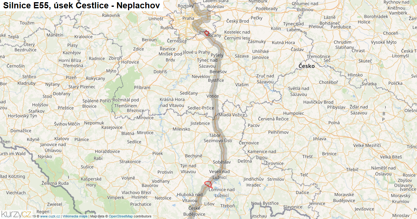 Úsek Čestlice - Neplachov, Silnice E55 - Mapa