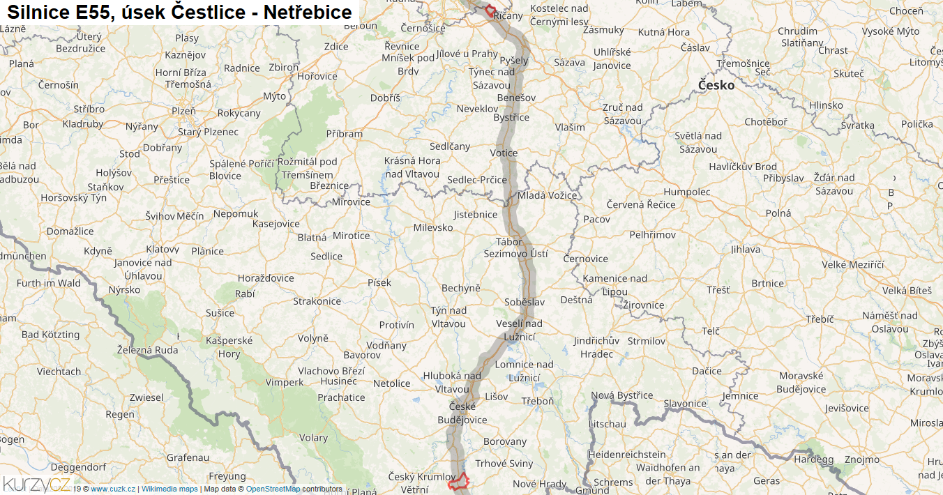 Úsek Čestlice - Netřebice, Silnice E55 - Mapa