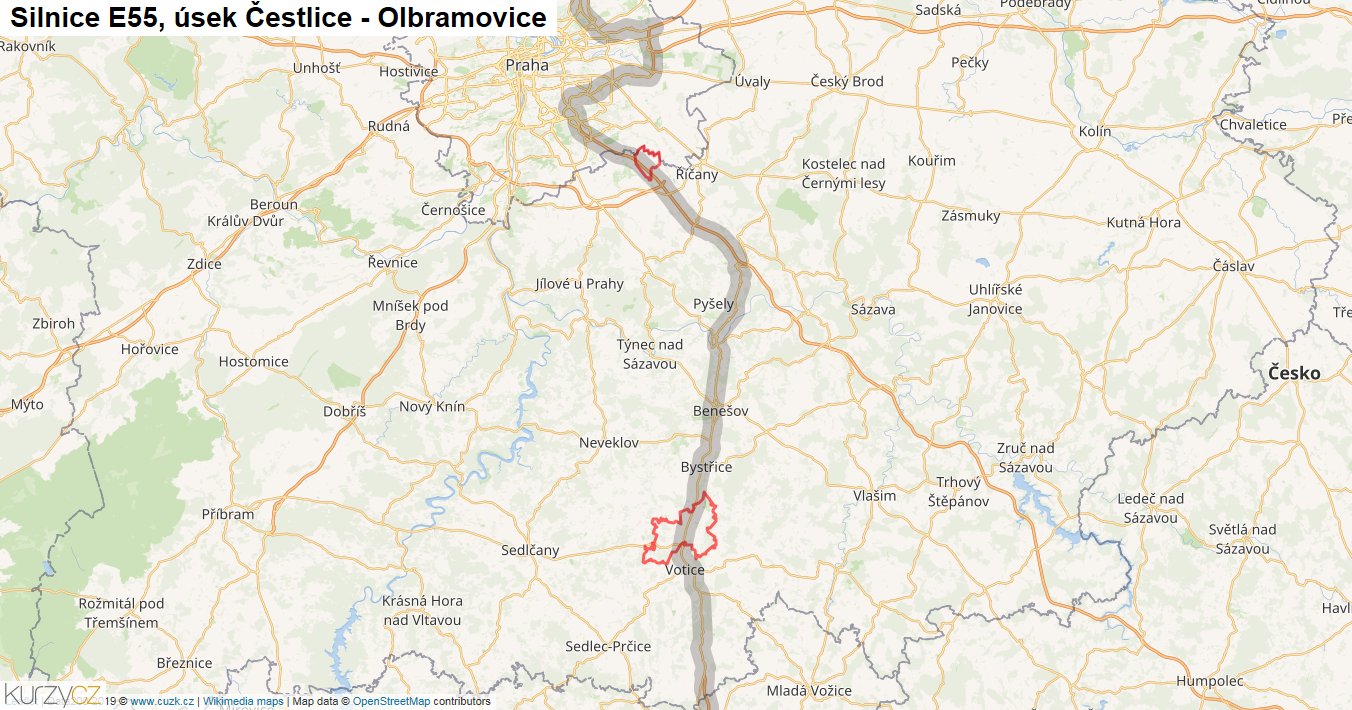 Úsek Čestlice - Olbramovice, Silnice E55 - Mapa