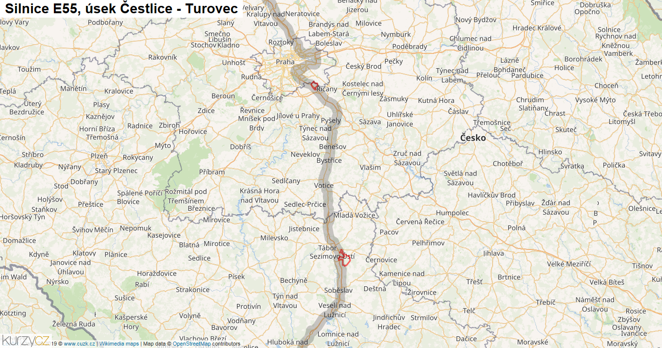 Úsek Čestlice - Turovec, Silnice E55 - Mapa