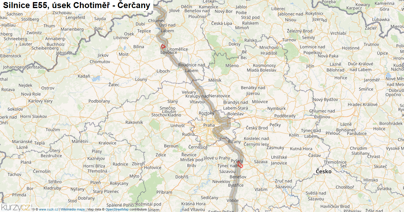 Úsek Chotiměř - Čerčany, Silnice E55 - Mapa