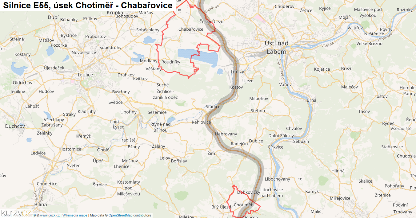 Úsek Chotiměř - Chabařovice, Silnice E55 - Mapa