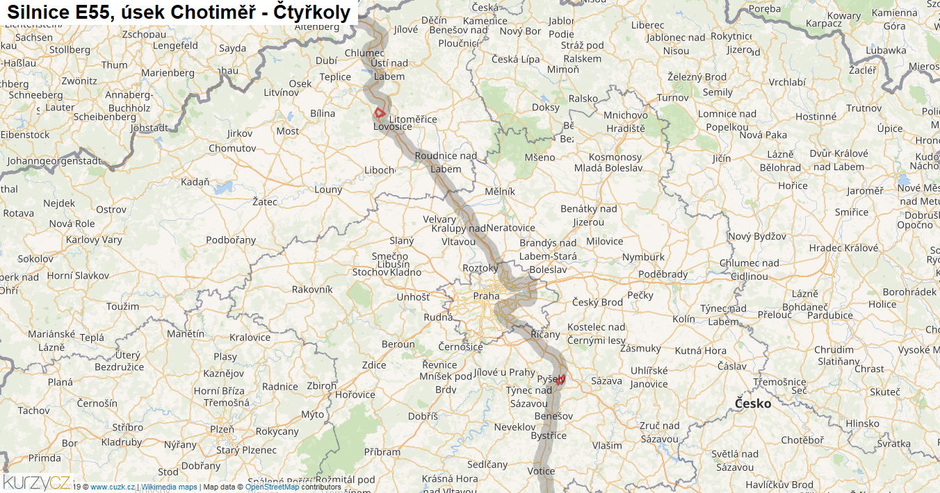 Úsek Chotiměř - Čtyřkoly, Silnice E55 - Mapa
