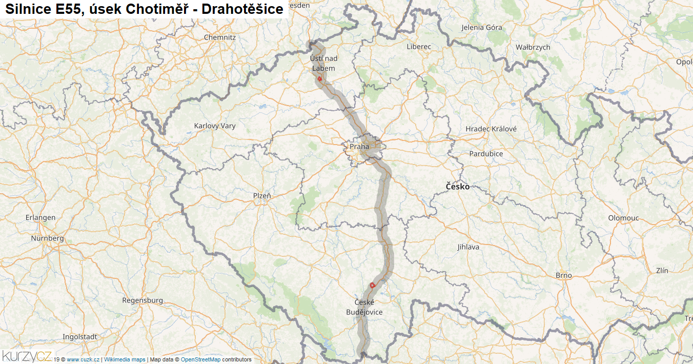 Úsek Chotiměř - Drahotěšice, Silnice E55 - Mapa