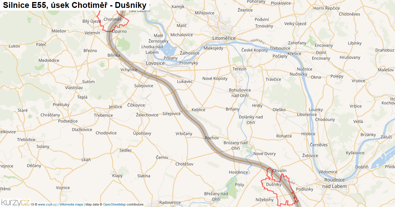 Úsek Chotiměř - Dušníky, Silnice E55 - Mapa